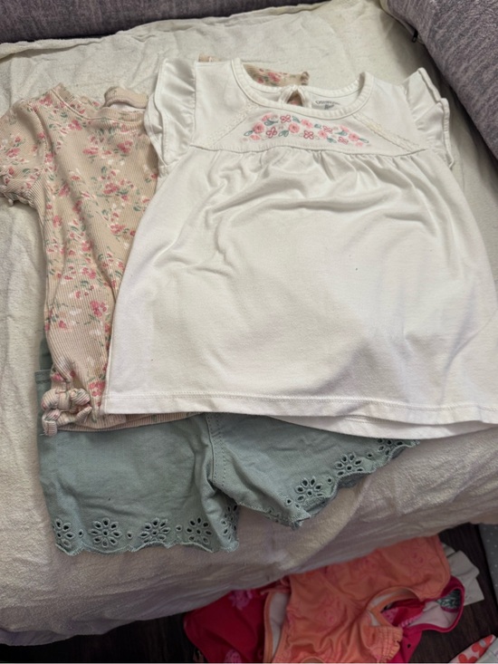 Carter's Other - Carter's White Flutter Sleeve Top with Pink Floral Accent & Light Green Shorts